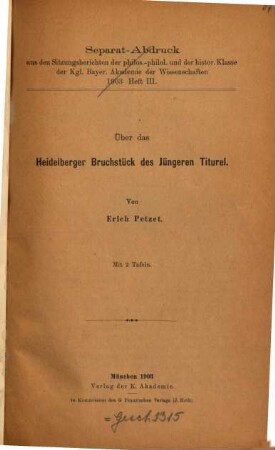 Über das Heidelberger Bruchstück des Jüngeren Titurel : mit 2 Tafeln