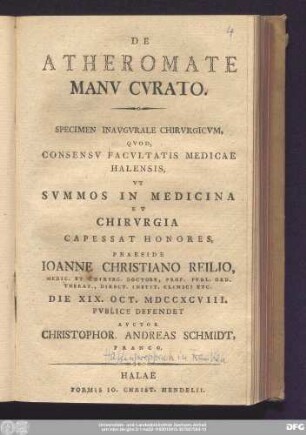 De Atheromate Manv Cvrato : Specimen Inavgvrale Chirvrgicvm
