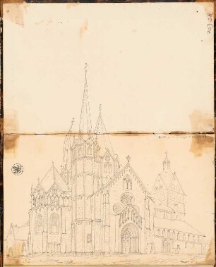 Reiseskizzenbuch 1828: Marienkirche, Gelnhausen: Perspektivische Ansicht der Pfarrkirche in Gelnhausen