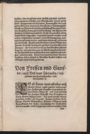 Von Fressen und Sauffen/ auch Voll unnd Zutrincken/ deßgleichen den Kindsschencken/ und Hochzeiten/ etc.