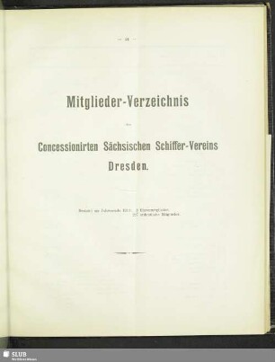 Mitglieder-Verzeichnis des Concessionirten Sächsischen Schiffer-Vereins Dresden