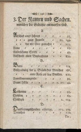 [Verzeichnis] 3. Der Namen und Sachen. worüber die Gedichte entworfen sind.