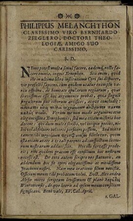 Philippus Melanchthon Clarissimo Viro Bernhardo Zieglero, Doctori Theoligiæ, Amico Suo Carissimo.