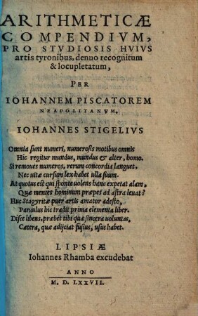 Arithmeticae compendium : pro studiosis hujus artis tyronibus