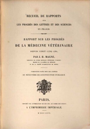 Rapport sur les progrès de la Médecine Vétérinaire depuis vingt-cinq ans