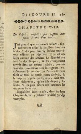 267, Chapitre XVIII. De l'esprit, considéré par rapport aux siecles & aux Pays divers