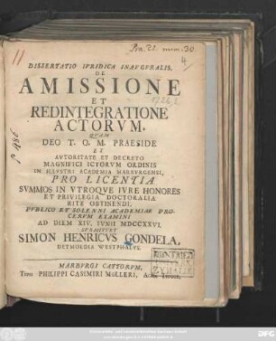 Dissertatio Ivridica Inavgvralis De Amissione Et Redintegratione Actorvm