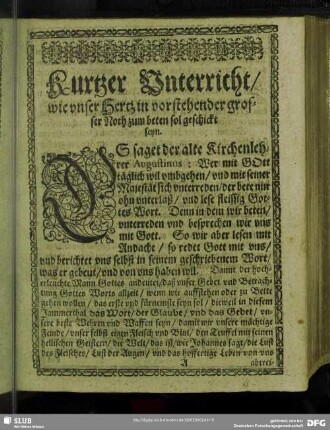 Kurtzer Unterricht, wie unser Hertz in vorstehender grosser Noth zum beten sol geschickt seyn