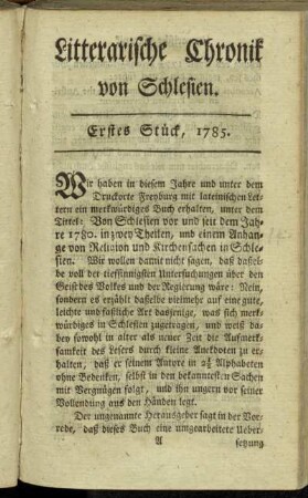 Litterarische Chronik von Schlesien. Erstes Stück,1785.