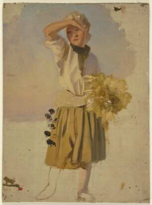 Bauernmädchen mit Garbe, die Augen vor der Sonne schirmend