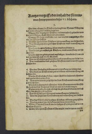 Kurzer vergriff oder innhalt der fürnemmen hauptpuncten diser VI. Büchern.