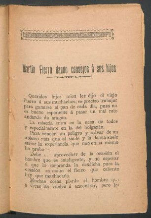 Martín Fierro dando consejos á sus hijos