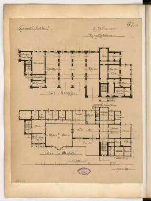 Ruderklubhaus Monatskonkurrenz Februar 1897: Grundriss Erdgeschoss, Obergeschoss 1:150; Maßstabsleiste