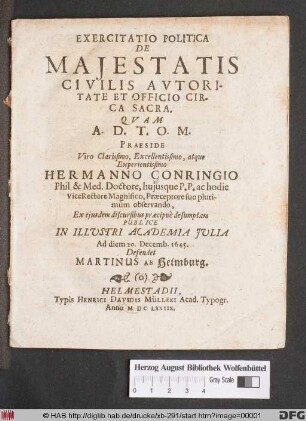 Exercitatio Politica De Maiestatis Civilis Autoritate Et Officio Circa Sacra