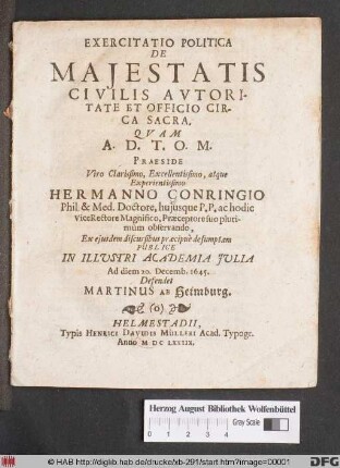 Exercitatio Politica De Maiestatis Civilis Autoritate Et Officio Circa Sacra