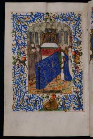 Vollbordürenseite mit Miniatur (Totenoffizium) und bewohnter Streumusterbordüre