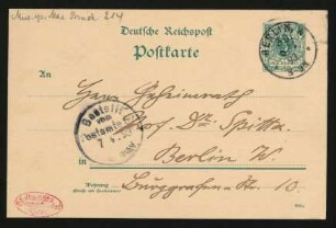 Postkarte an Philipp Spitta : 06.04.1893