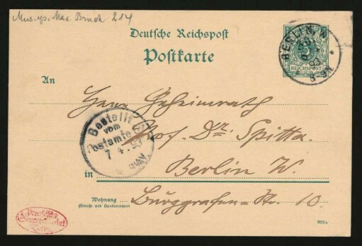 Postkarte an Philipp Spitta : 06.04.1893
