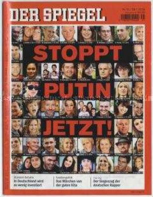 Umschlagblatt des Magazins "Der Spiegel" zum Krieg in der Ukraine mit Porträts von Opfern der über der Ukraine abgeschossenen Air-Malaysia-Maschine ("Stoppt Putin jetzt!")