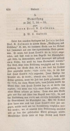 438-440 Bemerkung zu Jes 7,14-16 gegen Herrn Prof. D. Hofmann