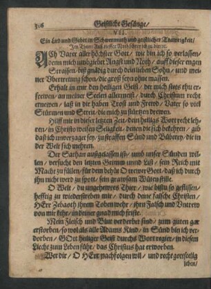 VII. Ein Lied und Gebet in Schwermuth und geistlicher Trawrigkeit/ Im Thon: Auß tieffer Noth schrey ich zu dir/ [et]c.