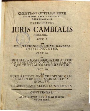 Christiani Gottlieb Riccii ... Exercitatio Ivris Cambialis, 11/17