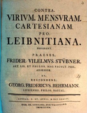 Contra. Virium. Mensuram. Cartesianam. Pro. Leibnitiana