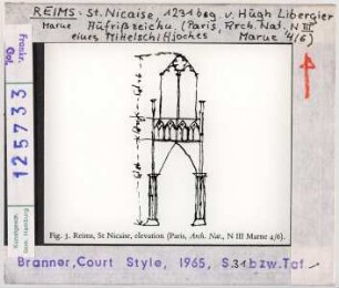 Reims: St. Nicaise, Aufrisszeichnung eines Mittelschiffjochs von Hugh Libergier