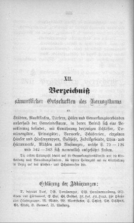 XII. Verzeichniß sämmtlicher Ortschaften des Herzogthums