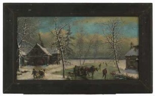 Winterlandschaft (ein Dorf am zugefrorenen Fluss)