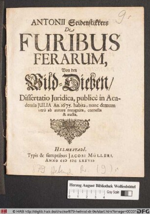 Antonii Seidenstikkers De Furibus Ferarum