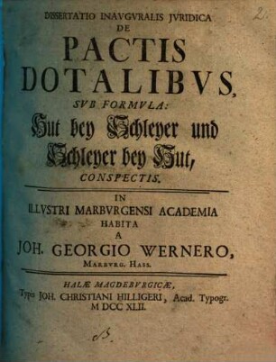 Dissertatio Inavguralis Jvridica De Pactis Dotalibvs, Svb Formvla: Hut bey Schleyer und Schleyer bey Hut Conspectis