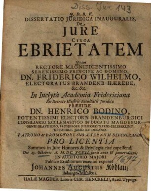 Dissertatio Juridica Inauguralis, De Jure Circa Ebrietatem