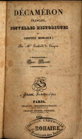Décaméron Français : nouvelles, historiques et contes moraux. 2. - 452 S.