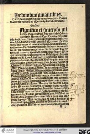 De duobus amantibus Enee Silvii poete Senensis de duobus amantibus Eurialo et Lucresia opusculum ad Marianum Zofinum feliciter incipit.