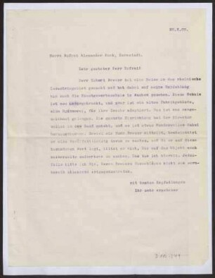 Schreiben an Hofrat Alexander Koch, Darmstadt (Brief)