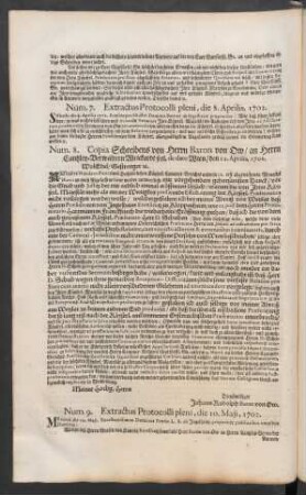 Num. 9. Extractus Protocolli pleni, die 10. Maji, 1702.
