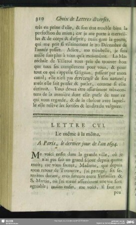 Lettre CVI. Le même à la même. A Paris, le dernier jour de l`an 1694