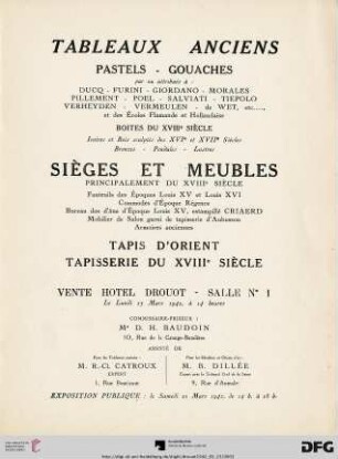 Tableaux anciens, pastels, gouaches : par ou attribués à: Ducq, Furini, Giordano, Morales ... ; sièges et meubles ... ; tapis d'Orient ... ; vente Hotel Drouot, 23 mars 1942