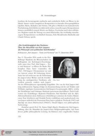 Die Unabhängigkeit des Denkens: Über die Aktualität von Karl Jaspers als Philosoph und politischer Schriftsteller : Kolloquium „Karl Jaspers – Texte und Kontexte“ am 11. Dezember 2014