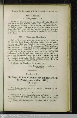 Beilage III. Die Zeug-, Woll- und Leinweber-Innungsarticul zu Plauen vom Jahre 1659