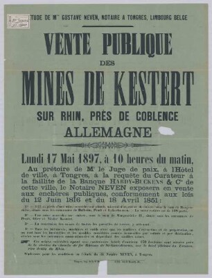 "Vente Publique des Mines de Kestert, Sur Rhin, Pres de Coblence, Allemagne"