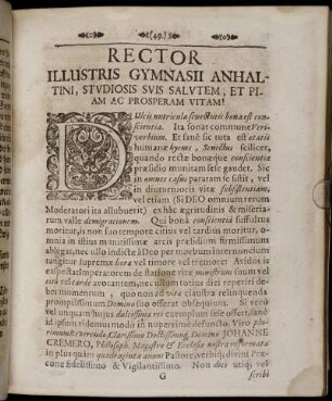 Rector Illustris Gymnasii Anhaltini, Studiosis Suis Salutem, Et Piam Ac Prosperam Vitam!
