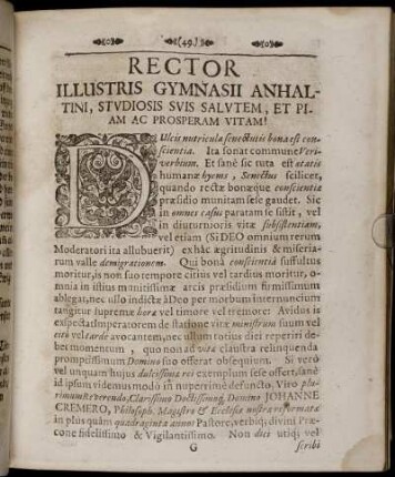 Rector Illustris Gymnasii Anhaltini, Studiosis Suis Salutem, Et Piam Ac Prosperam Vitam!