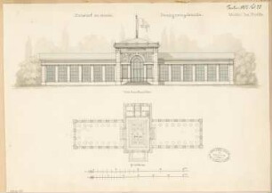 Orangerie mit Speisesaal Monatskonkurrenz Januar 1877: Grundriss Erdgeschoss, Aufriss Parkansicht; 2 Maßstabsleisten
