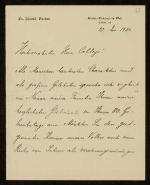 Brief von Eduard Norden an Otto von Gierke, Berlin-Lichterfelde, 10.1.1921