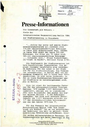 Presse-Information: Innenstadt als Wohnort - Ziele der IBA 1984 zur Stadterneuerung in Kreuzberg