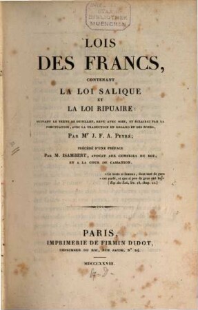 Lois des Frances : contenant la loi Salique et la loi Ripuaire