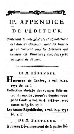 Note alphabétique des Auteurs Genevois, et Catalogue de leurs ouvrages.