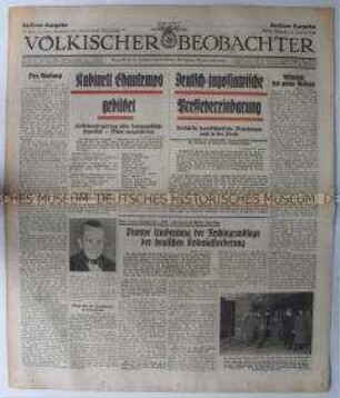 Tageszeitung "Völkischer Beobachter" u.a. zur Regierungsbildung in Frankreich und den deutschen Kolonialforderungen